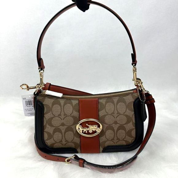 coach Georgie Baguette In Colorblock Signature Canvas Crossbody Khaki 5498 NWT - Picture 1 of 10